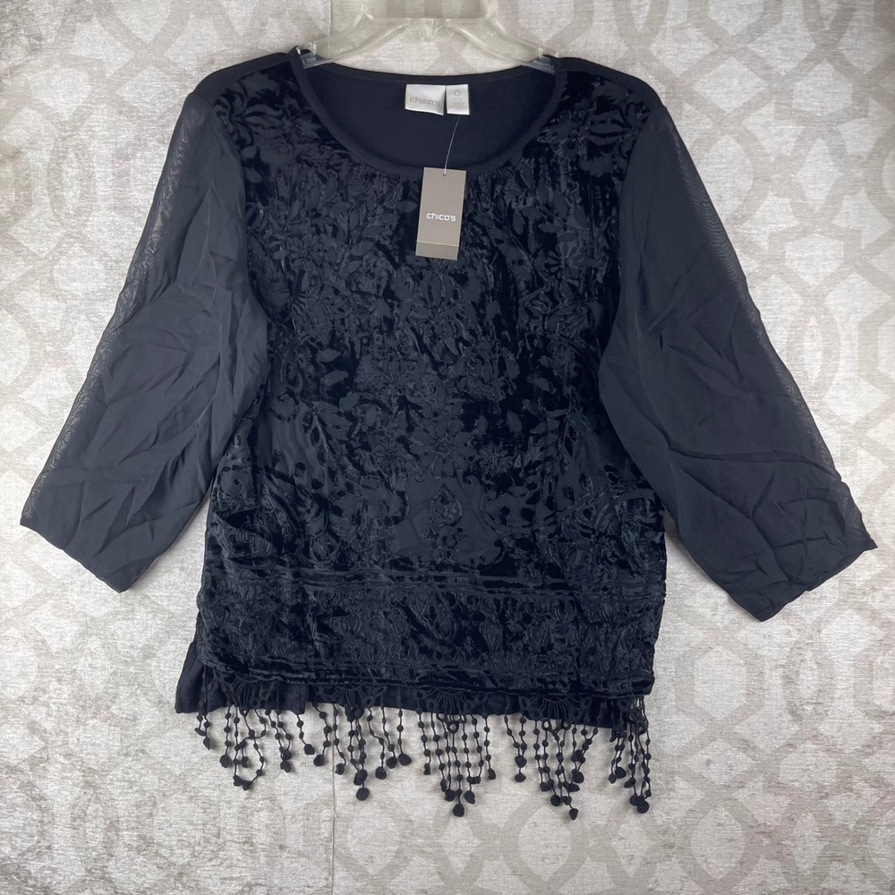 Chico's Velvet Elegance Top Womens 0 S Black NWT Fringe Burnout Floral Knit $89